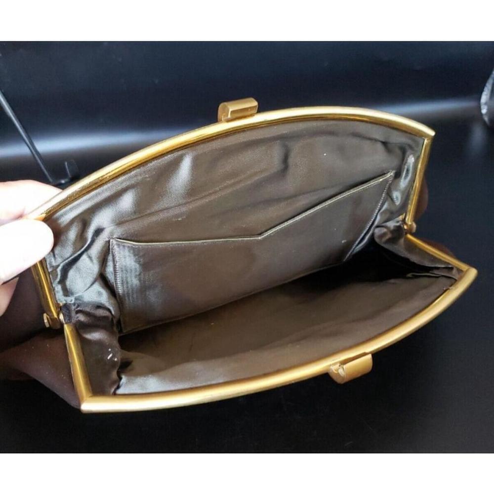 Vintage Dark Brown Velvet Gold Trim Block Wristlet strap Bag Purse w/ mirror! - Picture 4 of 14